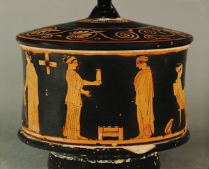 Hushållsscen, två kvinnor, den ena ger en burk till den andra... av Painter of the Louvre Centauromach