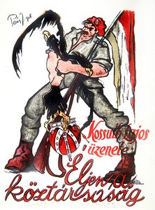 Ungersk revolutionär som stryper den dubbelhövdade österrikisk-ungerska örnen och proklamerar Kossuths proklamation "Länge leve republiken", affisch för Budapestkommunen av Paizs Goebel Jeno