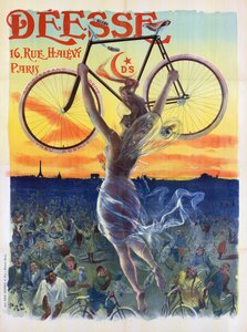 Vintage fransk affisch av en gudinna med en cykel, c.1898 (färg litho)