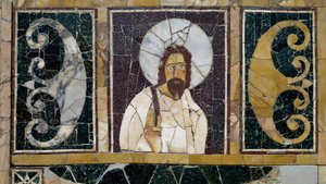 Inlagd marmor som visar Kristi ansikte, artefakt från Rom, Italien, tidig kristen period av Paleo Christian