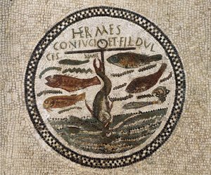 Mosaik med ankare omgiven av fisk, symbol för Kristus och hans anhängare, katakomberna i Sousse, Tunisien, tidig kristen period, 300-talet