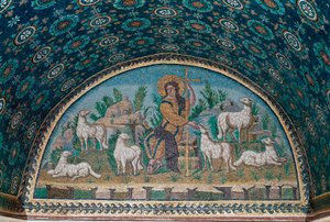 Bra pastor. Mosaik av ramen ovanför entrédörren till Mausoleum of Galla Placidia, c425 (mosaik)