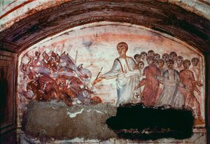 Paleochretian Art (period av antikens Rom): Passage av Röda havet. Fresk av katakomben på Via Latina i Rom. 4:e århundradet. - Paleokristen konst (period av antikens Rom): korsningen av Röda havet. Fresk från katakomben på Via Latina. 4:e århundradet