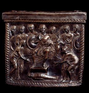 Paleokristen konst: Silverrelikskrinlåda känd som Capsella de San Nazaro (silverförsilvrad relikskrin av st Nazaro) - 370-397 apres JC Milan, Tesoro del Duomo Italien av Paleo Christian