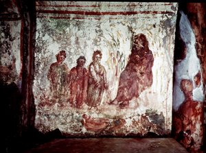 Paleochretisk konst (period i det antika Rom): Moses räddar från Nilens vatten av Faraos dotter. Fresk av katakomben på Via Latina i Rom. 4:e århundradet. - Tidig kristen konst. Moses räddade ur vattnet. Fresk, 300-talet e.Kr. Catacom av Paleo Christian