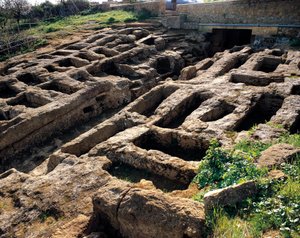 Ruinerna av den kristna nekropolen i templens dal, 4:e till 500-talet. Agrigento, Agrigento. Sicilien Italien av Paleo Christian