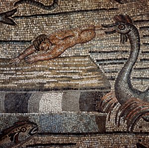 Scenen från Jonas liv representerar avvisande av fisk på en strand Detalj. Mosaik från 500- eller 600-talet. Cathedrale d