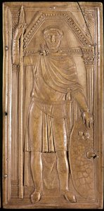 Stilicon i vapen, general, patrice och konsul i det västromerska riket. Höger panel av stilichos dyptik (skulptur på elfenben, ca 395) av Paleo Christian