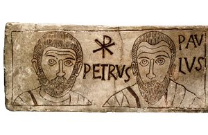 Sarkofag föreställande apostlarna Petrus och Paulus, tidig kristen civilisation