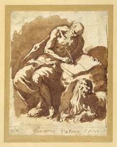 St. Hieronymus sitter på en sten och skriver (penna och bläck med tvätt på papper) av Palma Il Giovane