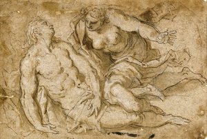 Venus upptäcker den döda Adonis (svart krita, penna och brunt bläck på papper) av Palma Il Giovane
