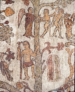 Adam och Eva jagar från Jordens paradismosaik av Pantaleone, präst och mosaist. 1163-1166. Centralskepp i katedralen i Otranto av Pantaleon