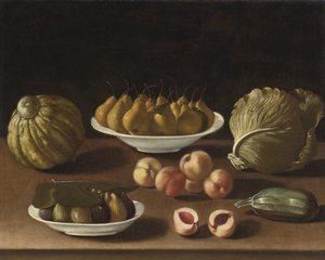 Stilleben med päron, persikor, fikon, en melon, kål och märg
