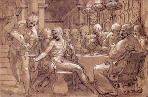 Nattvarden av Saint Gregory, teckning av Paolo Farinati (1524-1606), gråbrun akvarell, penna, blyvitt och svart penna, Italien