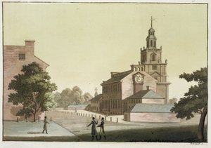 Independence Hall, Philadelphia, Pennsylvania, från "Le Costume Ancien et Moderne", volym I, platta 41, av Jules Ferrario, publicerad på 1820-30-talet (färggravyr). av Paolo Fumagalli