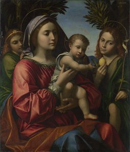 Jungfrun och barnet med baptisten och en ängel, ca. 1516 av Paolo Morando