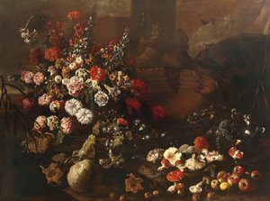 Stilleben med blommor, frukt, svamp och fåglar (olja på duk)