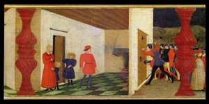 Predella av profaneringen av värden: Den judiska pantbanken steker den invigda värden i elden som strömmar med blod som väcker uppmärksamheten hos fogdarna som slår ner genom dörren, ca 1468 (tempera på panelen) (detalj)