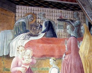 Jungfruns födelse, detalj från cykeln The Lives of The Virgin och St. Stephen, från Cappella dell"Assunta av Paolo Uccello