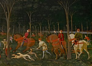 Jakten i skogen, c.1465-70 olja på paneldetalj av 100861 av Paolo Uccello