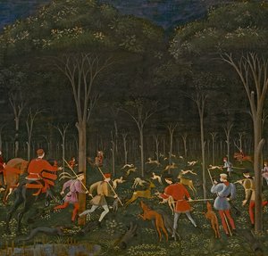 Jakten i skogen, c.1465-70 olja på paneldetalj av 100861