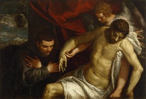 Den döde Kristus stödd av en ängel och tillbedd av en franciskan av Paolo Veronese