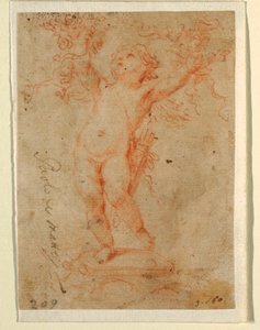 Teckning, Amor lyfter upp blomklasar med båda armarna, 1710-28