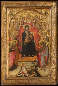 Madonna och barn tronade med Johannes evangelisten, Sankt Peter, Sankt Agnes..., c1385-90.