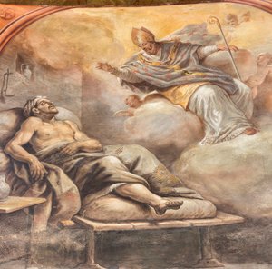 Fresker av Paolo de Matteis daterade 1714 på valvet och på trumman, som skildrar helgonets liv, San Cataldo-kapellet i katedralen, Taranto, Italien (foto) av Paolo di Matteis