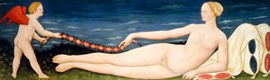 Venus på kuddar håller en krans av blommor med en putto,