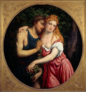 Daphnis och Chloe. Mytologisk representation av ett par. Målning av Paris Bordon eller Bordone (1500-1571)
