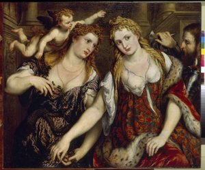Flora, Venus, Mars och Amor (Flora, Venus, Mars och Amor). Målning av Paris Bordone (1500-1571), olja på duk, cirka 1550. Italiensk konst (Venedig) av Paris Bordone