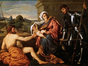 Madonna och barn, Johannes Döparen och Sankt Georg, tidigt 1530-tal av Paris Bordone