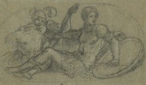 Sittande manlig figur med putto och rustning av Paris Bordone