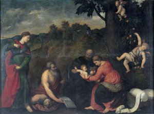 Den heliga familjen med de heliga Jerome, Katarina av Alexandria och änglar (olja på duk) av Paris Bordone