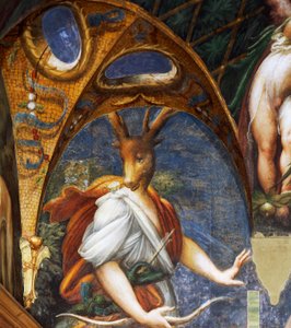 Actaeon förvandlas till svensexa av Diana, detalj i Diane och Acteon-hallen av Parmigianino