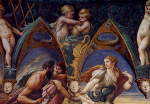Actaeon med hans följeslagare, detalj från Myth of Diana and Actaeon, cirka 1524, av Francesco Mazzola, känd som Parmigianino (1503-1540), fresk, Room of Diana and Actaeon, Rocca Sanvitale, Fontanellato, nära Parma, Emilia-Romagna, Italien av Parmigianino