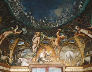 Ceres deltar i evenemang omgiven av jakthundar och keruber, från Myth of Diana and Actaeon av Parmigianino