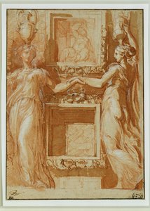 Zwei Karyatiden reichen sich die Hand über Kassetten