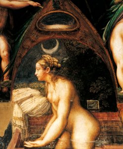 Diana ma Actaeon, saunia e Francesco Mazzola, e taʻua o Parmigianino (1503-1540), faʻamatalaga. Malo o San Vitale i Fontanellato, Emilia Romagna.swed av Parmigianino