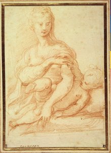 Jungfrun leker med barnet i hennes knä (röd krita på vitt papper) av Parmigianino