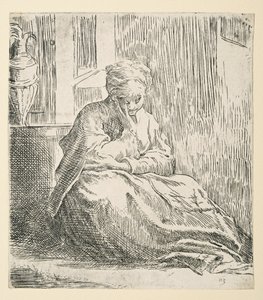 Kvinna som sitter på marken, känd som Saint Thais (Etching) av Parmigianino