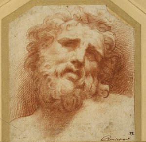 Ett skäggigt huvud som tittar upp (möjligen Laocoon) (röd krita på vitt papper) av Parmigianino