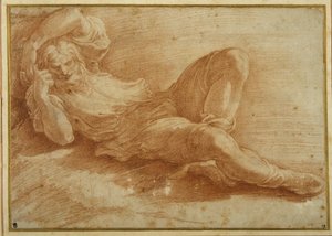 Skäggig figur som sover (röd krita på vitt papper) av Parmigianino