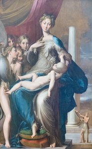 Madonna och barn med änglar, känd som Madonna med den långa halsen