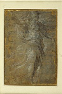 Minerva med en sköld i vänster hand, en lans i höger (metallspets på förberedd gulaktig mark) av Parmigianino