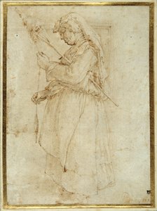 Gammal kvinna med en distaff, stående framför en öppen spis (penna & brunt bläck på vitt papper) av Parmigianino