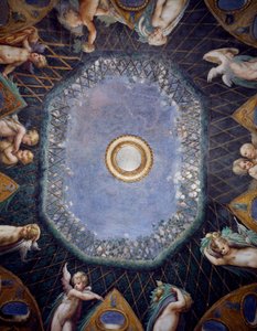 Putti och glimt av himlen, cirka 1524, av Francesco Mazzola, känd som Parmigianino (1503-1540), fresk, valv av Room of Diana och Actaeon, Rocca Sanvitale, Fontanellato, nära Parma, Emilia-Romagna, Detail, Italien av Parmigianino