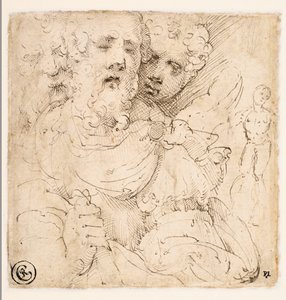 Studie av ansikten och en stående figur (verso) av Parmigianino