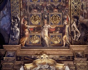Tre av de fem galna jungfrurna. Detalj av freskerna av Francesco Mazzola (1503-1540) känd som The Parmigianino (Parmesanen) som dekorerar huvudvalvet i Major Chapel of the Church of the Madonna della Steccata i Parma. av Parmigianino